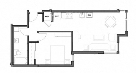 Floor plan for 1 bed, 1 bath, 720 sqft